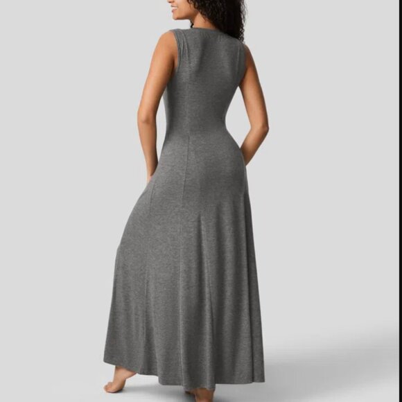 Halara Round Neck Button Sleeveless Flare Maxi Casual Dress Gray XL - Picture 2 of 12